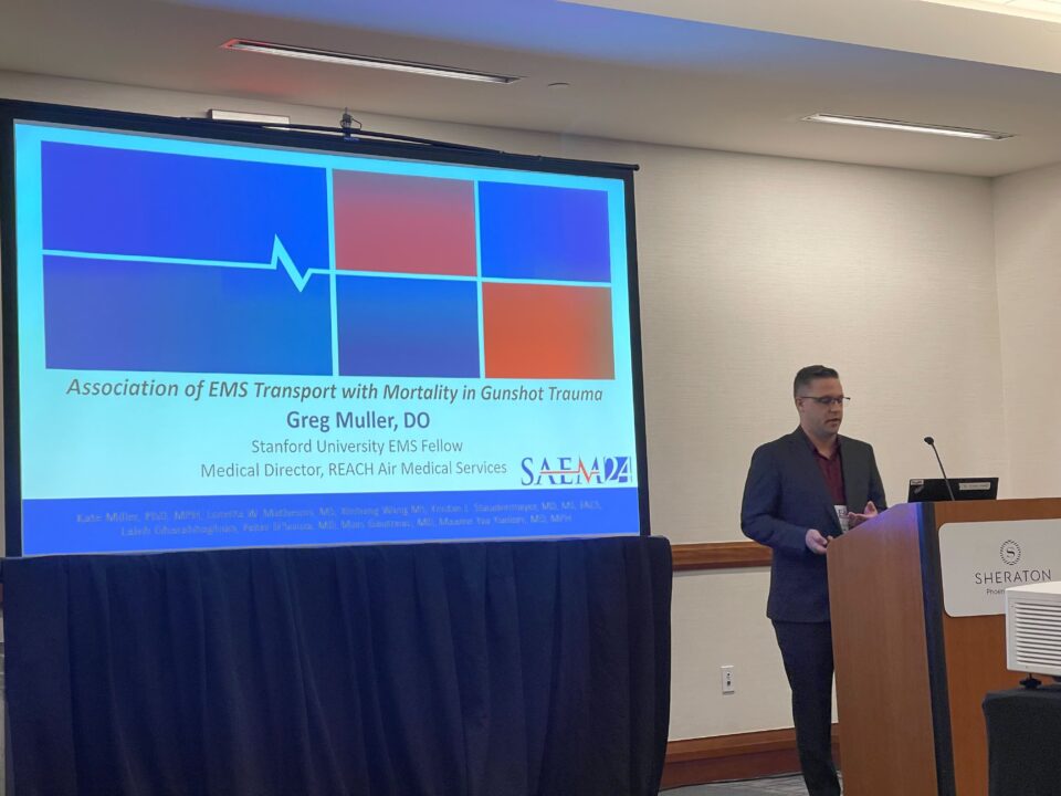 Featured image for “Dr. Greg Muller presents on the Association of EMS Transport with Mortality in Gunshot Trauma at SAEM 2024”